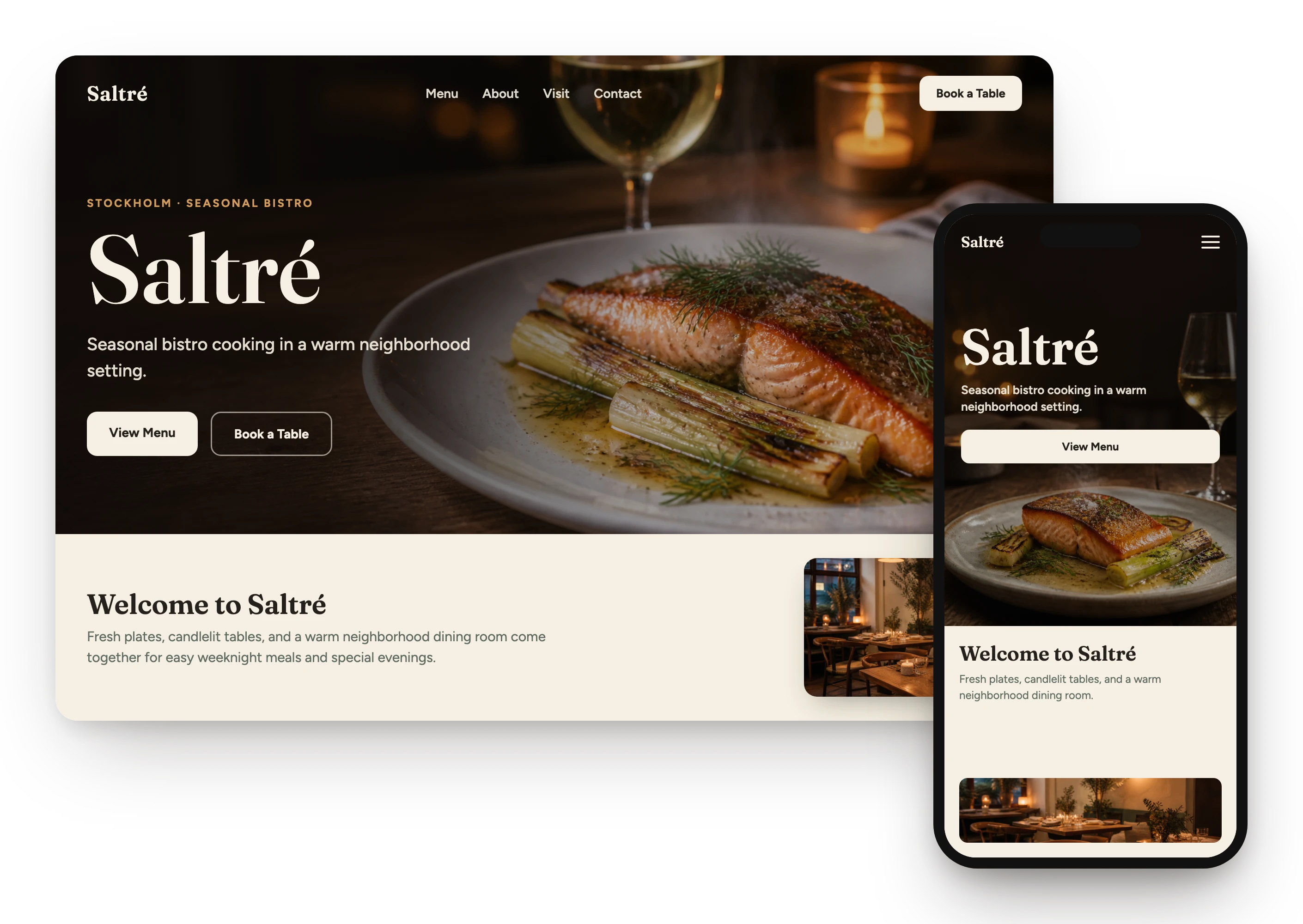 Illustrative generated website preview for the fictional bistro Saltré, shown on desktop and phone