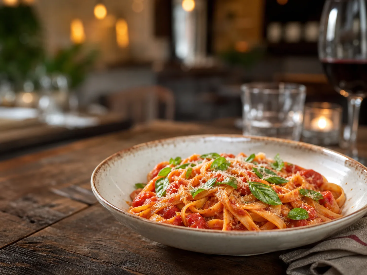Fresh tomato pasta in a warm restaurant setting